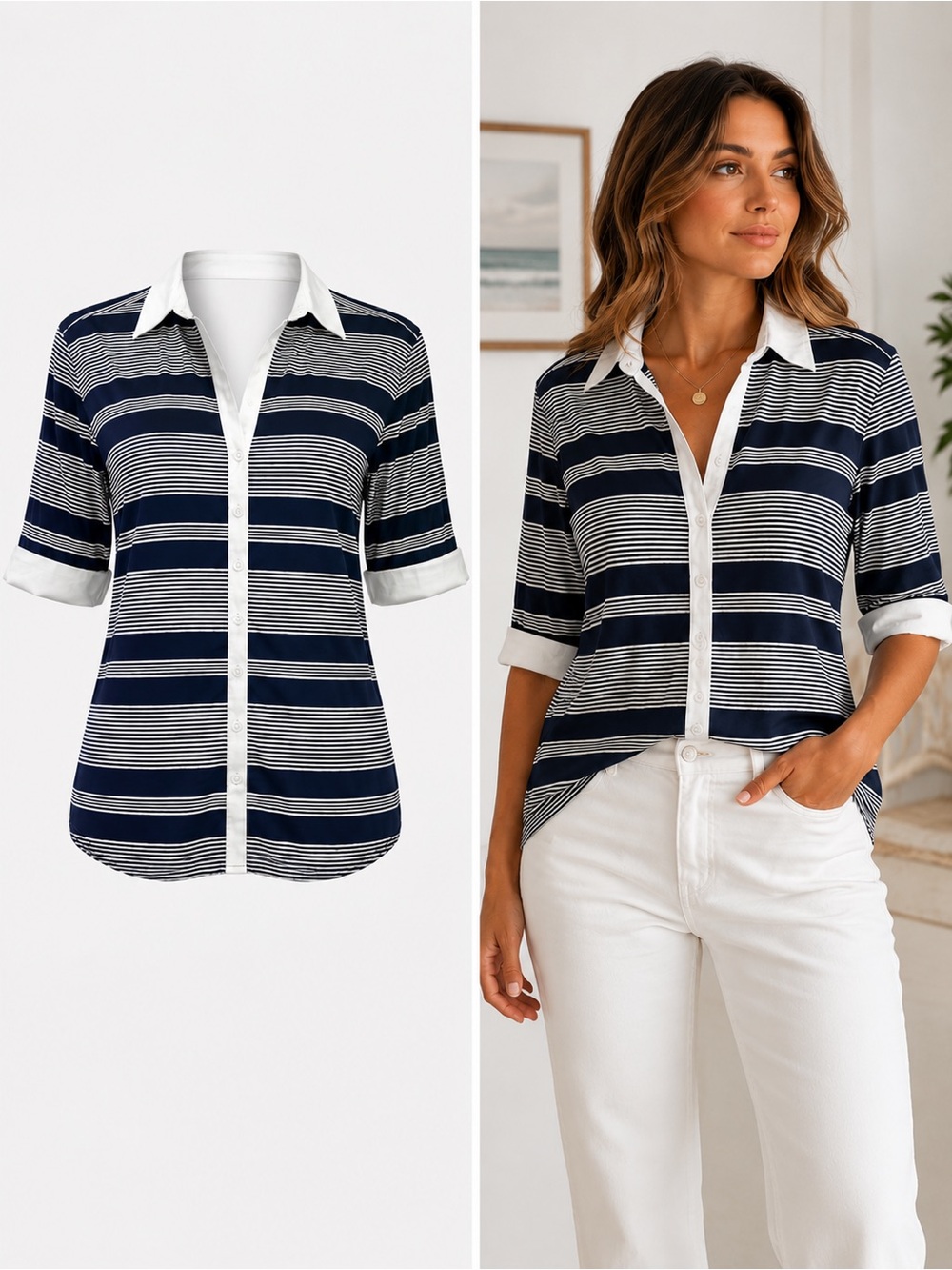 7th Avenue Design Studio | Navy & White Striped Button Front Blouse | XL